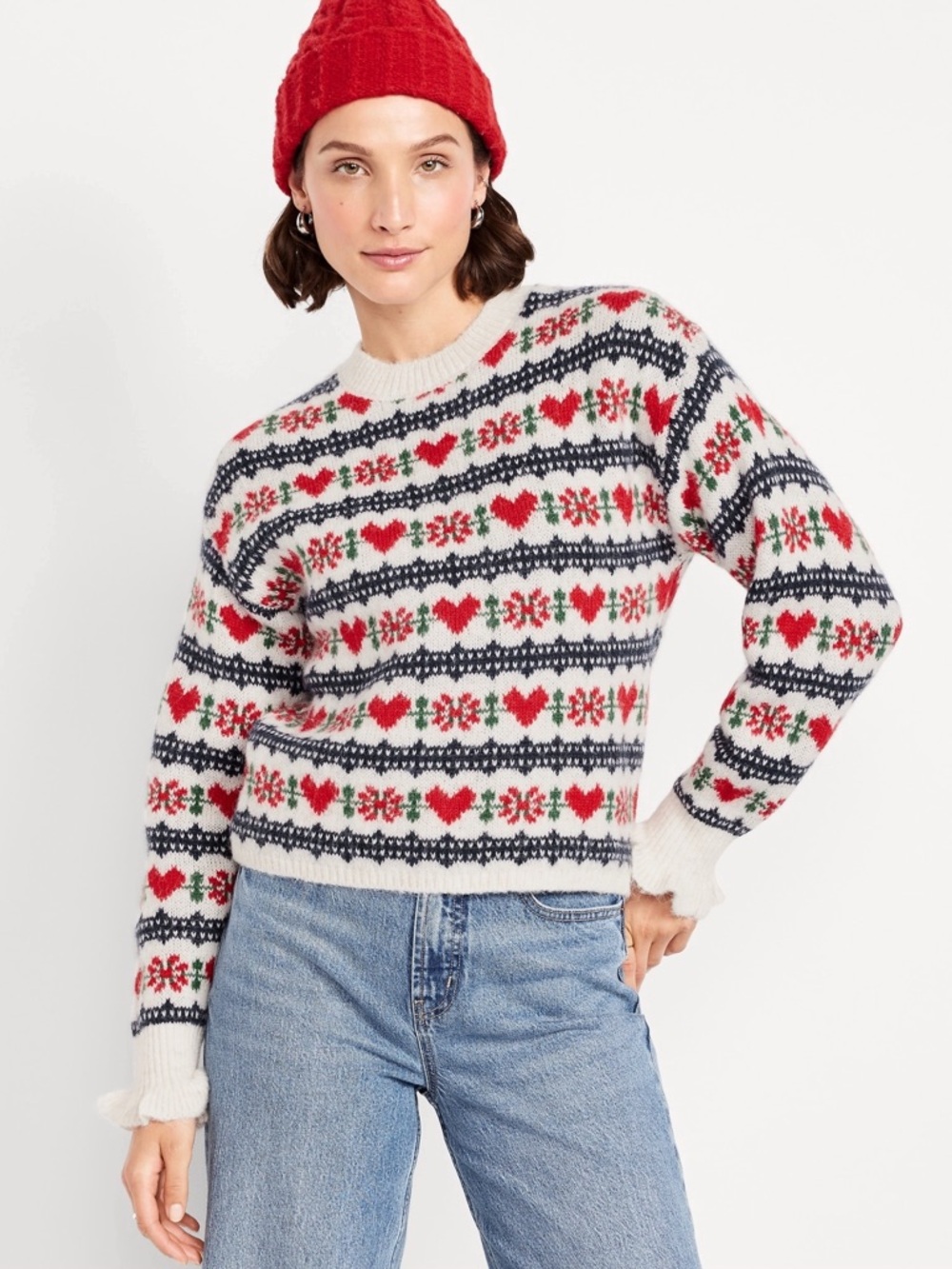 Old Navy Cream Sweater with Red Hearts and Navy Stripes NWT